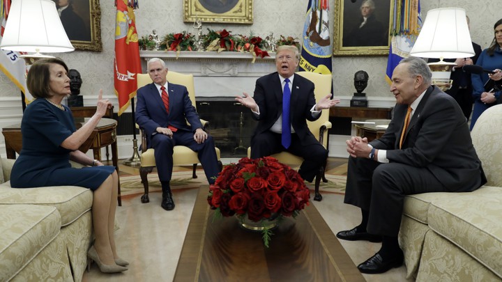 President Donald Trump and Vice President Mike Pence meet with Senate Minority Leader Chuck Schumer, D-N.Y., and House Minority Leader Nancy Pelosi, D-Calif., in the Oval Office of the White House, Tuesday, Dec. 11, 2018, in Washington. (AP Photo/Evan Vucci)
