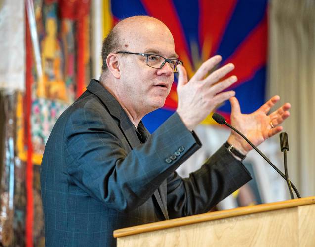 Congressman Jim McGovern addresses a joint celebration of the Tibetan New Years festival Losar and passage of the Reciprocal Access to Tibet Act during a program hosted by the University of Massachusetts chapter of Students for a Free Tibet held in the UMass Lincoln Campus Center on Saturday, Feb. 23, 2019.