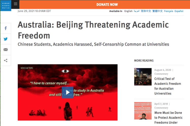 Human Rights Watch says China’s government and its supporters have monitored, harassed and intimidated pro-democracy Chinese students living in Australia(Image:screenshot)
