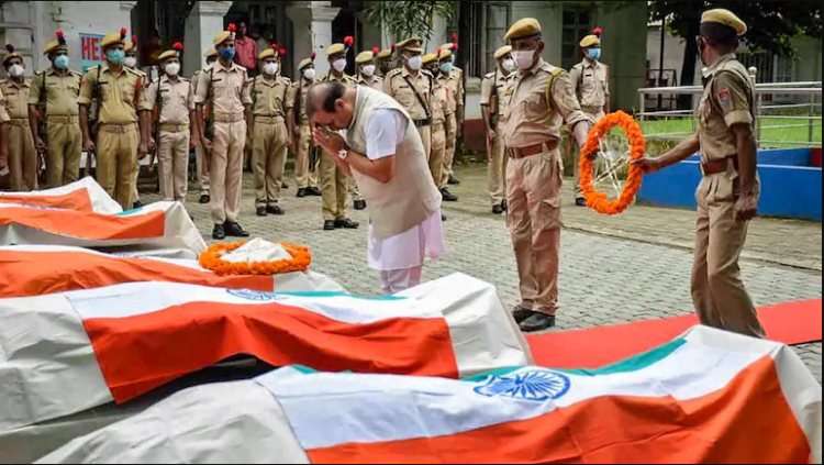Assam CM Himanta Biswa Sarma lays wreath and pays tribute to six Assam police personnel who lost their lives in Assam-Mizoram border clash, at SP office in Cachar district, on July 27, 2021; (PTI Photo)