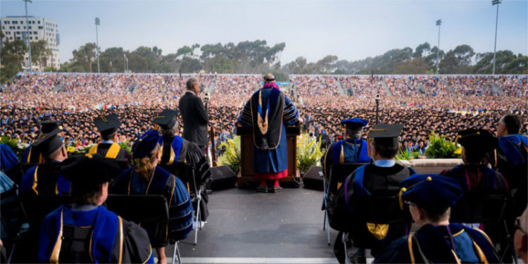 His Holiness the Dalai Lama delivering the Keynote Address at the UCSD Commencement ceremony in San Diego, CA, on June 17, 2017.