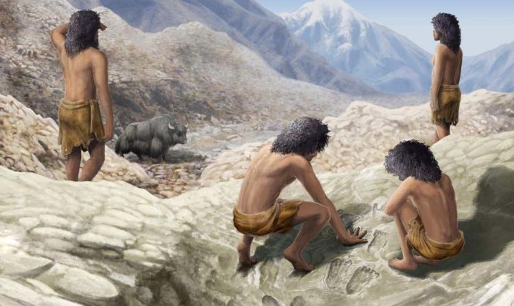 Artist’s imagining of two mid-Pleistocene hominins making their marks.Illustration: Gabriel Ugeto