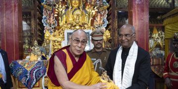 His Holiness the Dalai Lama with the President of India Ram Nath Kovind (then the Governor of Bihar) in Bodhgaya, Bihar, India on January 9, 2017. Photo by Tenzin Choejor