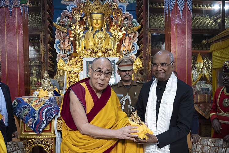 His Holiness the Dalai Lama with the President of India Ram Nath Kovind (then the Governor of Bihar) in Bodhgaya, Bihar, India on January 9, 2017. Photo by Tenzin Choejor