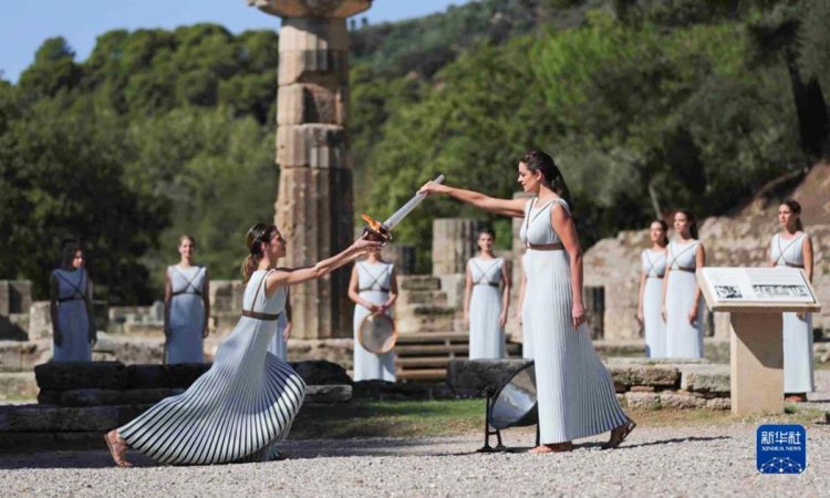 Olympic flame lighting ceremony for the Beijing 2022 Winter Olympic Games, in ancient Olympia, Greece, on 18th October, 2021. Photo: Twitter/@IOC