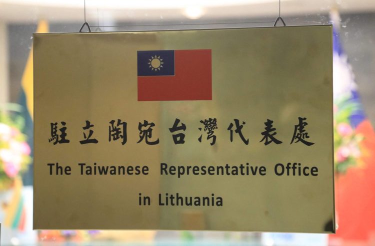 Picture taken on November 18 ,2021 shows the name plaque at the Taiwanese Representative Office in Lithuania, Vilnius. - Taipei announced on November 18 ,2021 it had formally opened a de facto embassy in Lithuania using the name Taiwan, a significant diplomatic departure that defied a pressure campaign by Beijing. (Photo by PETRAS MALUKAS / AFP)