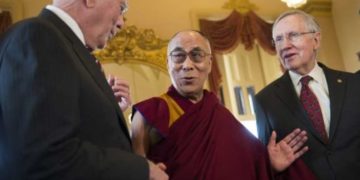 The His Holiness the Dalai Lama with Majority Leader Harry Reid and Senator Patrick Leahy.
