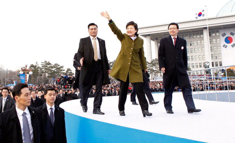 Park Geun-hye waved to crowds after her inauguration in Seoul in February, becoming the country’s first female president.Credit...Pool photo by Kim Hong-Ji