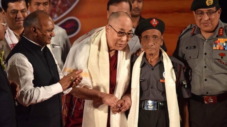 The Dalai Lama who has lived in exile ever since fleeing Tibet in 1959, was visibly emotional as he embraced Naren Chandra Das Photograph: Biju Boro/AFP/Getty Images