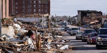 The damaged courthouse and other buildings in downtown Mayfield are seen Saturday