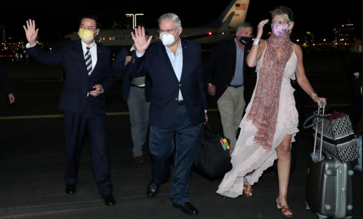 Bob Menendez, chairman of the U.S. Senate Foreign Relations Committee, and other members of the U.S. delegation arrive at Taipei Songshan airport in Taipei, Taiwan April 14, 2022. Taiwan Ministry of Foreign Affairs/Handout via REUTERS
