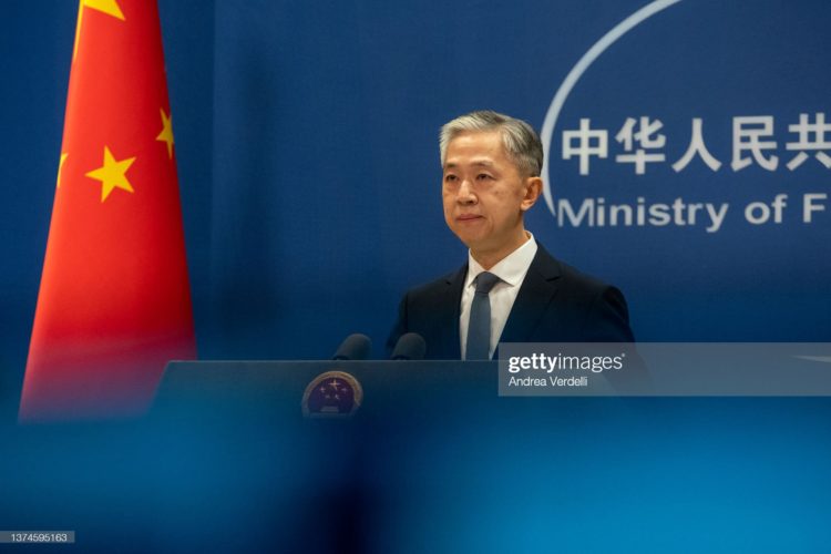 BEIJING, CHINA - MARCH 01: Ministry of Foreign Affairs spokesperson Wang Wenbing speaks during the daily press conference on March 01, 2022 in Beijing, China. (Photo by Andrea Verdelli/Getty Images)