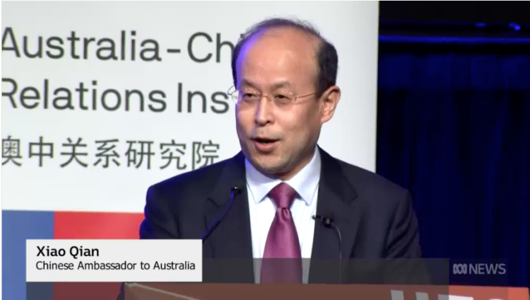 Chinese ambassador to Australia Xiao Qian’s address on the relationship between two countries . Photo: ABC news