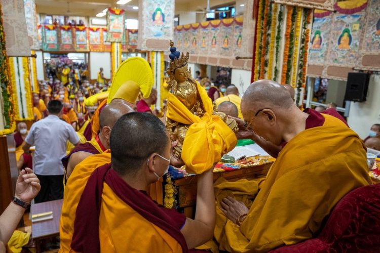 Senior monks from Gyudmed and Gyuto Tantric Colleges presenting offerings for His Holiness the Dalai Lama during the Long Life Prayer at the Main Tibetan Temple in Dharamsala, HP, India on July 10, 2022. Photo by Tenzin Choejor