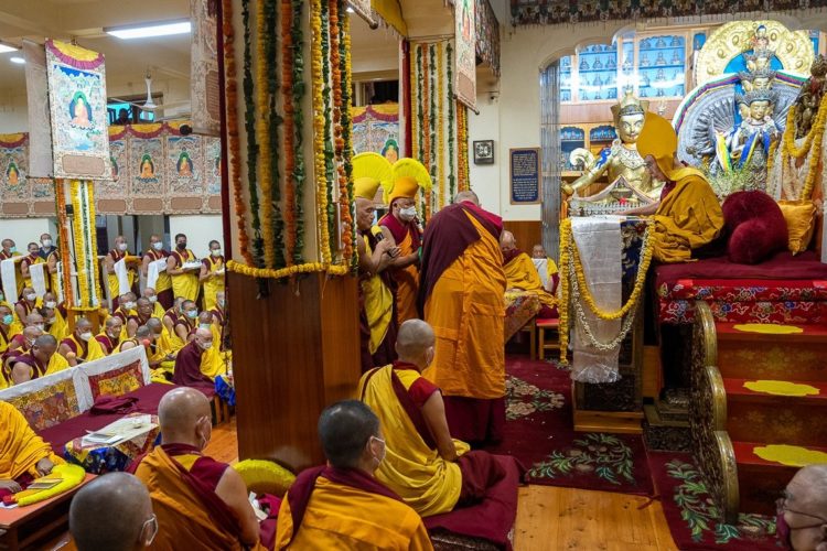 Abbots of Gyudmey and GyutoTantric Colleges reciting praises to His Holiness dthe Dalai Lama during theLong Life Prayer at Main Tibetan Temple in Dharamsala, HP, India on July 10,2022. Photo by Tenzin Choejor