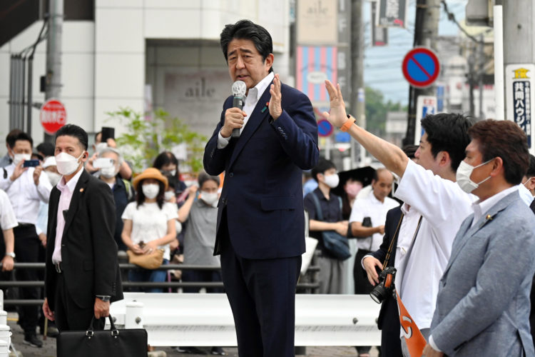 NARA, JAPAN - JULY 08: Former Prime Minister Shinzo Abe makes a street speech before being shot in front of Yamatosaidaiji Station on July 8, 2022 in Nara, Japan. Abe is shot while making a street speech for upcoming Upper House election. (Photo by The Asahi Shimbun via Getty Images)