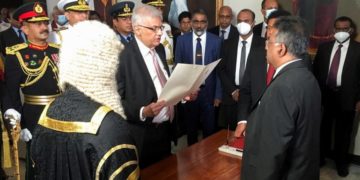 Ranil Wickremesinghe sworn in as the new president of Sri Lanka by the Chief Justice Jayantha Jayasuriya at the parliament, amid the country's economic crisis, in Colombo, Sri Lanka July 21, 2022. (Reuters)