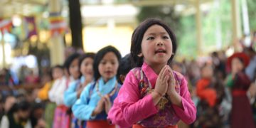 Exile Tibetan Children perform in celebration of the Dalai Lama's 80th birthday at Tsuglakhang temple in McLeod Ganj, India, on 6 July 2015. Photo: Tibet Sun/Lobsang Wangyal