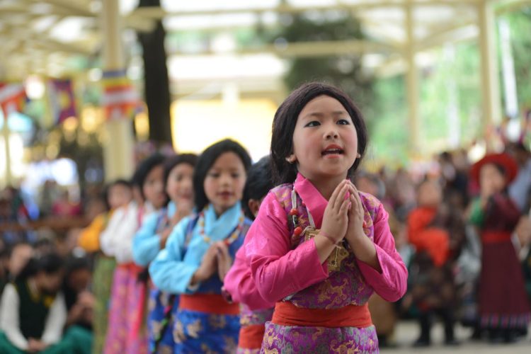 Exile Tibetan Children perform in celebration of the Dalai Lama's 80th birthday at Tsuglakhang temple in McLeod Ganj, India, on 6 July 2015. Photo: Tibet Sun/Lobsang Wangyal