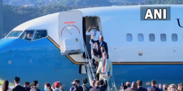 Nancy Pelosi waves as she boards a plane before leaving Taipei Songshan Airport in Taipei, Taiwan August 3, 2022. Credit: ANI Photo