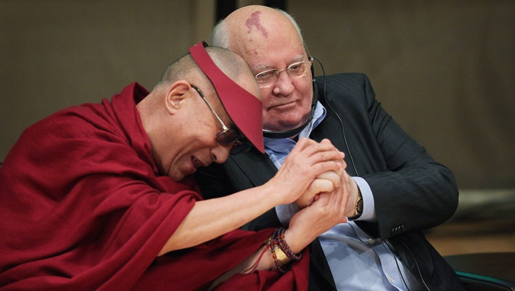 His Holiness the Dalai Lama and former leader of the Soviet Union and Nobel Peace Laureate Mikhail Gorbachev participate in a panel discussion during the 12th World Summit of Nobel Peace Laureates in Chicago, Illinois, USA on April 25th, 2012.