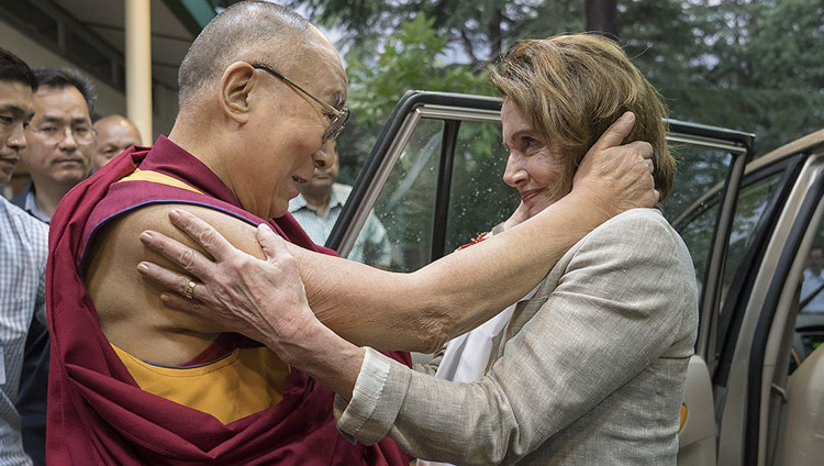 His Holiness the Dalai Lama greeting his friend then House Democratic Leader Nancy Pelosi as she arrives at his residence leading a bipartisan US Congressional Delegation on a visit to the Tibetan community in Dharamsala HP, India on May 9, 2017. Photo by Tenzin Choejor/OHHDL