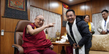 His Holiness the Dalai Lama and the Chief Minister Prem Singh Tamang share a hearty laugh during their meeting at His Holiness’ residence, Dharamshala. Photo/OHHDL 8/11/2019
