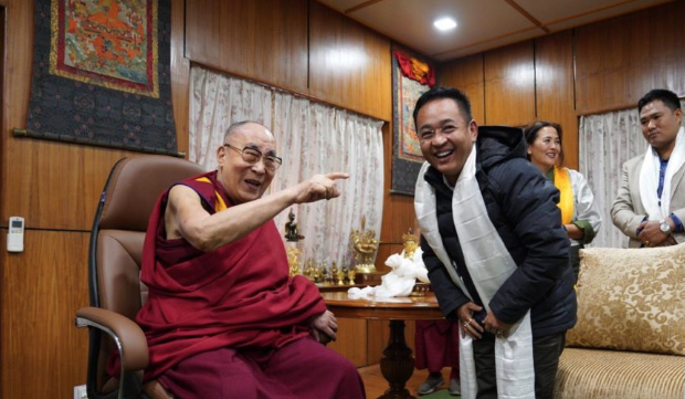 His Holiness the Dalai Lama and the Chief Minister Prem Singh Tamang share a hearty laugh during their meeting at His Holiness’ residence, Dharamshala. Photo/OHHDL 8/11/2019