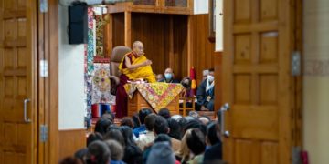 His Holiness the Dalai Lama speaking to more than 500 graduates and students of the Nalanda Master and Diploma Course at the Main Tibetan Temple in Dharmsala, HP, India on June 2, 2023. Photo by Tenzin Choejor