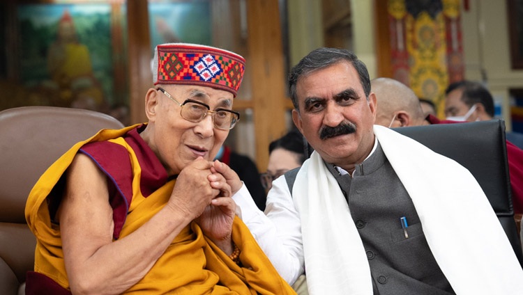 His Holiness the Dalai Lama and Himachal Pradesh Chief Minister Sukhvinder Singh Sukhu together at celebrations marking His Holiness's 88th birthday at the Main Tibetan Temple courtyard in Dharamsala, HP, India on July 6, 2023. Photo by Tenzin Choejor