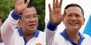 FILE PHOTO: This combination photo shows Cambodia's Prime Minister Hun Sen and his son Hun Manet during election campaign rallies in Phnom Penh, Cambodia, July 1, 2023 and July 21, 2023 respectively.  REUTERS/Cindy Liu/File Photo