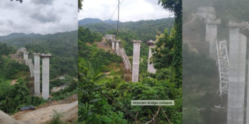 An under-construction railway bridge at Sairang area collapses, near Aizawl , Mizoram Photo: IANS