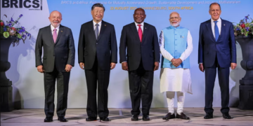 Brics leaders, including China’s president Xi Jinping pose for a group photograph. Xi unexpectedly missed a speech on Tuesday and was replaced with his commerce minister. Photograph: Russian Foreign Ministry Press Service/EPA