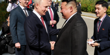Russia's President Vladimir Putin shakes hands with North Korea's leader Kim Jong Un at a meeting at the Vostochny Сosmodrome in the far eastern Amur region, Russia, on September 13, 2023.
