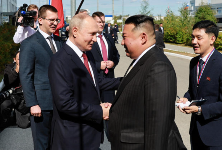 Russia's President Vladimir Putin shakes hands with North Korea's leader Kim Jong Un at a meeting at the Vostochny Сosmodrome in the far eastern Amur region, Russia, on September 13, 2023.