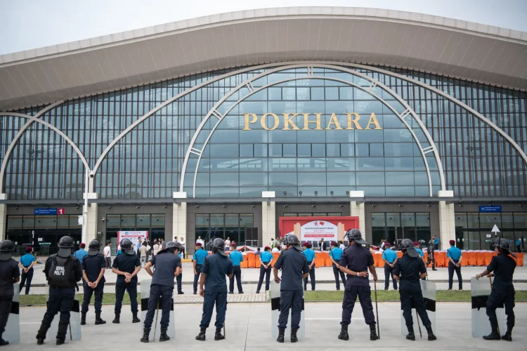 A June ceremony marking Pokhara International Airport’s first international flight, a charter plane from China.Credit...Rebecca Conway for The New York Times