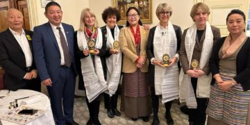 Kalon Norzin Dolma with the member of All Tibet Group, comprising President (Senator) Jacqueline Eustache, Senator Brinio Annick Billon, Senator Marie Mercier, Senator Samantha Cazebonne and Secretary Thierry Munier in the French Senate hall in Paris.