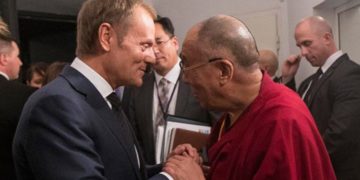 His Holiness the Dalai Lama with Prime Minister of Poland Donald Tusk before the 13th World Summit of Nobel Peace Laureates in Warsaw, Poland on October 23, 2013. Photo by Rady Ministrow