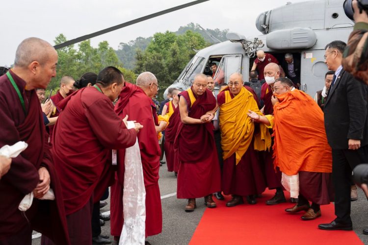 པར་འགྲེལ། His Holiness the Dalai Lama getting down from the helicopter on arrival in Gangtok, Sikkim, India on December 11,  2023. Photo by Tenzin Choejor