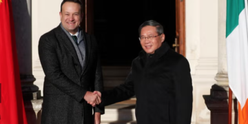 Chinese Premier Li Qiang, right, is greeted by Ireland's Prime Minister Leo Varadkar at Farmleigh House on Wednesday, Jan. 17, 2024.Photo:INDEPENDENT