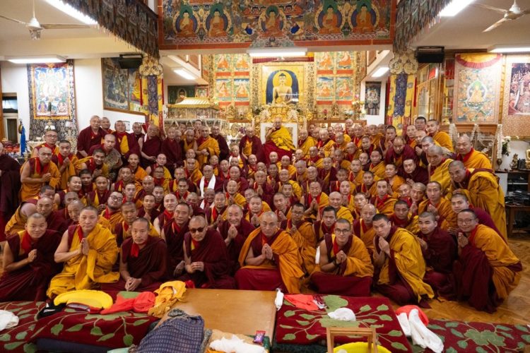 His Holiness the Dalai Lama posing for a group photo with members of Namgyal Monastery at the conclusions of the Long Life Prayer at his residence in Dharamsala, HP, India on February 14, 2024. Photo by Ven Zamling Norbu