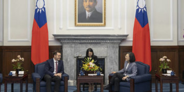 In this photo released by the Taiwan Presidential Office, Taiwan’s President Tsai Ing-wen, right, talks to Rep. Mike Gallagher, the Republican chair of the House Select Committee on the Chinese Communist Party, left, in Taipei, Taiwan.