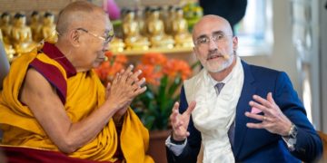 Professor Arthur Brooks speaking on the first day of the two day Leadership & Happiness Laboratory, Summit on Transcendence at His Holiness the Dalai Lama’s residence in Dharamsala, HP, India on April 8, 2024. Photo by Tenzin Choejor