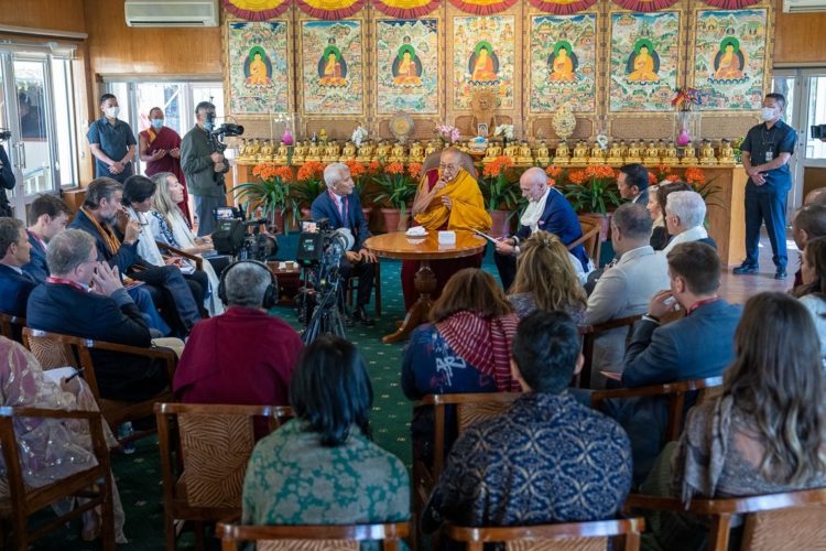 A view of the meeting room at His Holiness the Dalai Lama’s residence on the first day of the two day Leadership & Happiness Laboratory, Summit on Transcendence with Professor Arthur Brookes and scholars in Dharamsala, HP, India on April 8, 2024. Photo by Tenzin Choejor