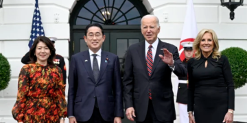From left, Yuko Kishida, Fumio Kishida, Joe Biden and Jill Biden at the South Portico of the White House on Tuesday. Andrew Caballero-Reynolds / AFP - Getty Images