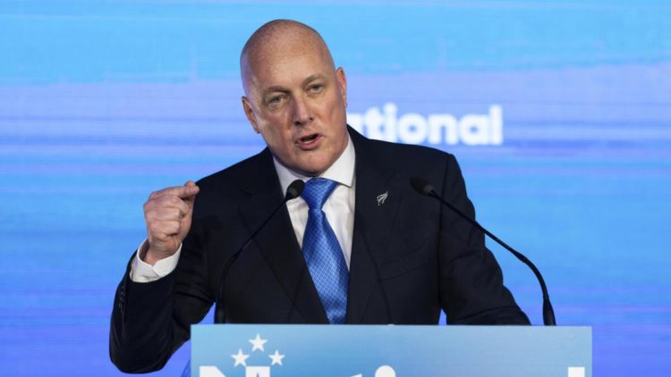 New Zealand National Party leader and Prime Minister-elect Christopher Luxon speaks to supporters at a party event in Auckland, on October 14, 203. Photo Credit: AP