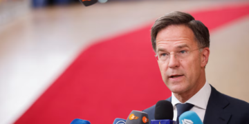 Dutch Prime Minister Mark Rutte speaks to the media on the day of a European Union leaders informal summit in Brussels, Belgium June 17, 2024. REUTERS/Johanna Geron/