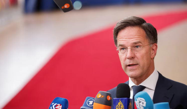 Dutch Prime Minister Mark Rutte speaks to the media on the day of a European Union leaders informal summit in Brussels, Belgium June 17, 2024. REUTERS/Johanna Geron/