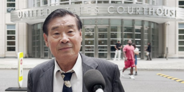 Shujun Wang stands outside federal court in Brooklyn, N.Y., Aug. 6, 2024, after he was found guilty of espionage. Photo : Jane Tang/RFA