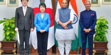 Defence Minister Rajnath Singh and External Affairs Minister S. Jaishankar with Japanese Defence Minister Minoru Kihara and Foreign Minister Yoko Kamikawa . photo :ARGUS